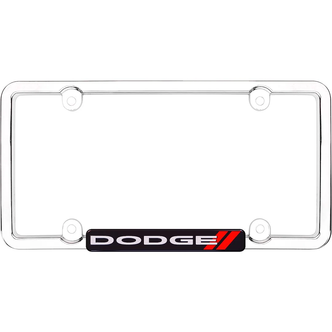11036 – CRUISER License Plate Frame, Black And Red Dodge Logo Polished Silver Die Cast Zinc